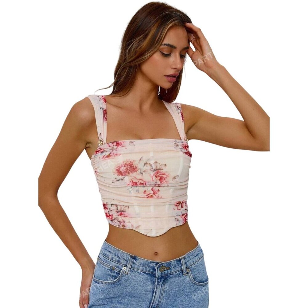 Shein PARTHEA‎ Floral Print Ruched Mesh Cami Top in Pink - Size XL